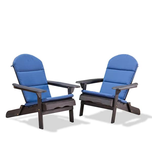 Noble House Malibu Dark Gray Folding Wood Adirondack Chairs with Navy Blue Cushions (2-Pack)