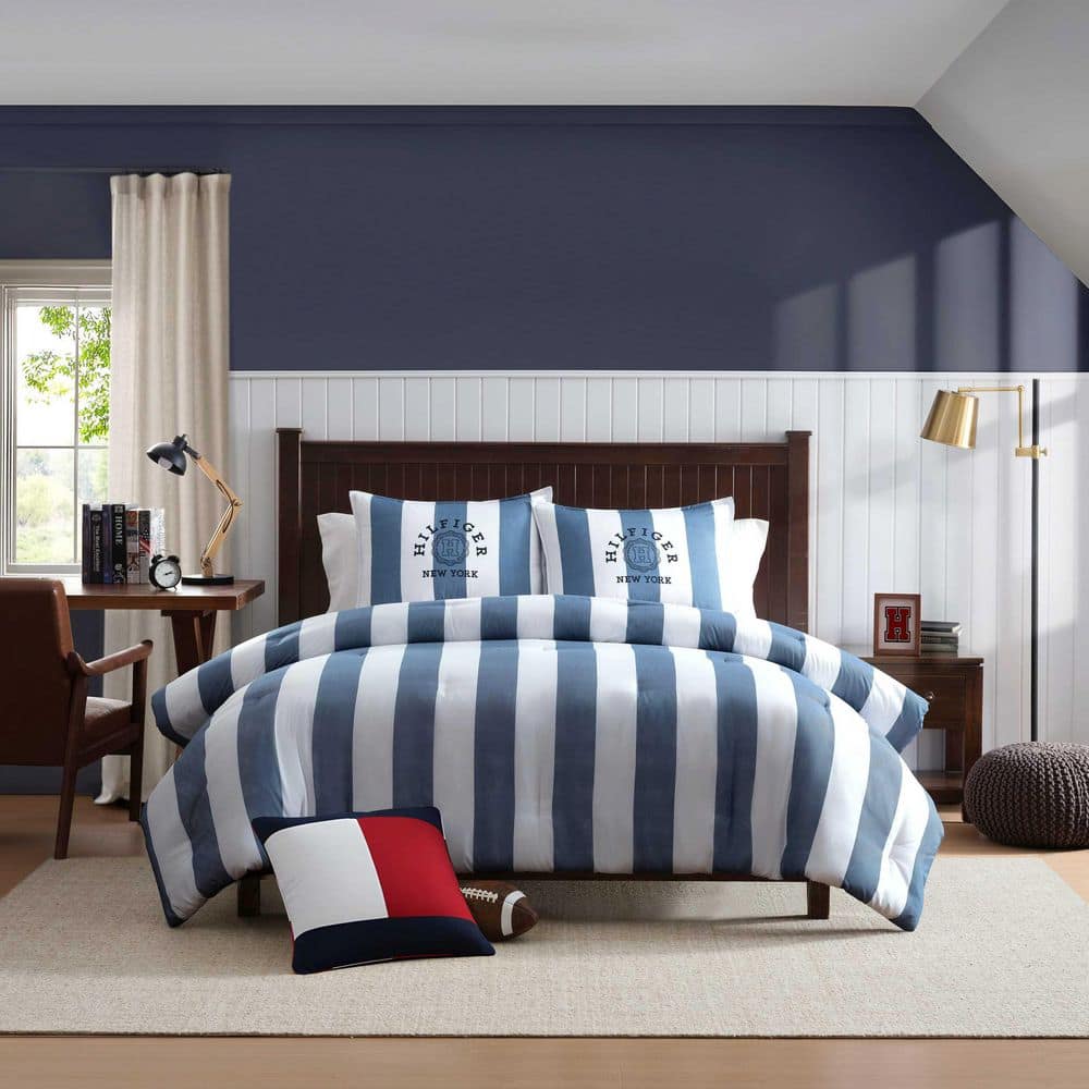 Berkeley Stripe 2-Piece White/Deep Blue Microfiber Twin/Twinxl