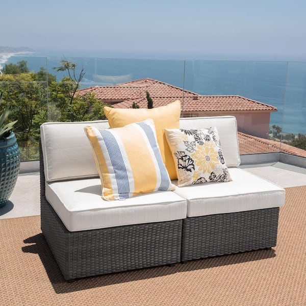 Noble House Nolan Grey Wicker Armless Middle Outdoor Sectional Chair with White Cushions (2-Pack)