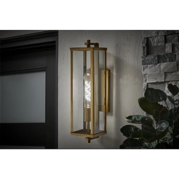 Meadow 18 in. Modern 1-Light Antique Brass Hardwired Large Rectangle Outdoor Wall Lantern Sconce Light