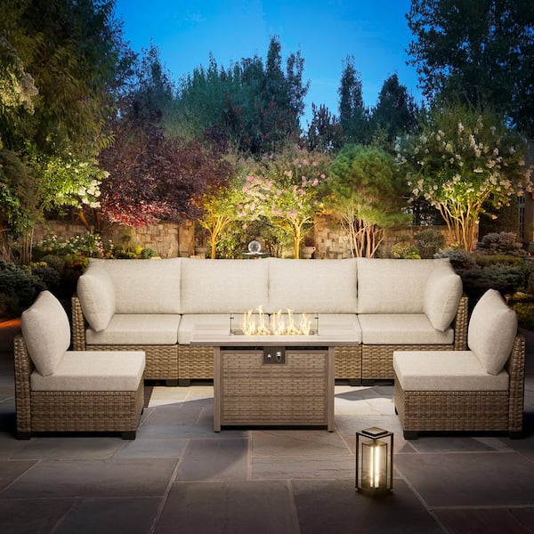 7-Piece Brown Wicker Patio Conversation Set with 50000 BTU Gas Fire Pit Table and Gray Cushions