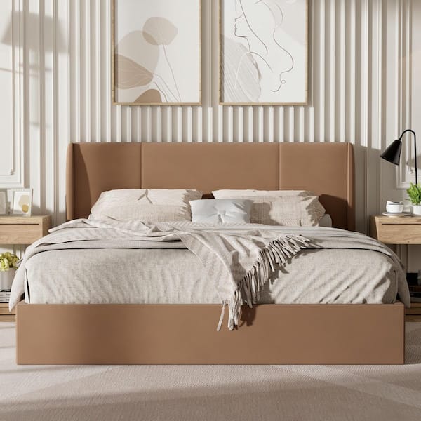 Ahokua Brown Frame Queen Size Wingback Upholstered Platform Bed with Lift-up Storage Supported by Metal and Wooden Slats
