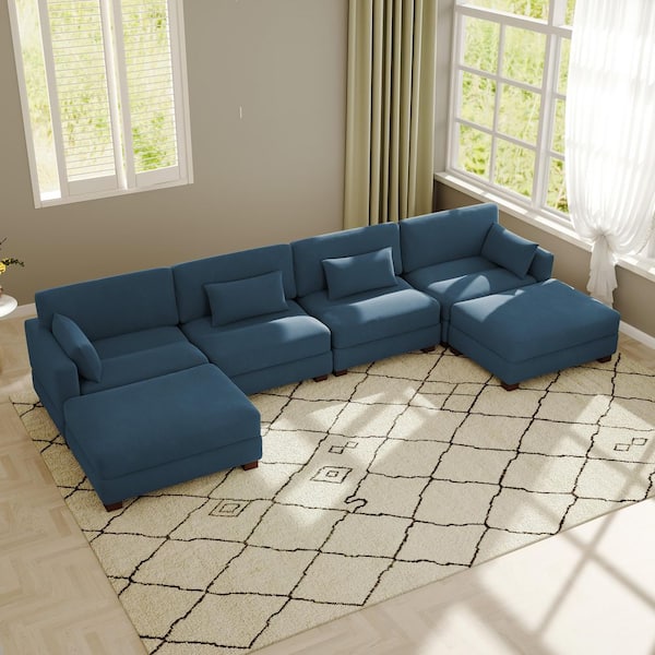 160 in. Square Arm 6-Piece Corduroy Upholstered U-Shaped Sectional Sofa in Navy Blue