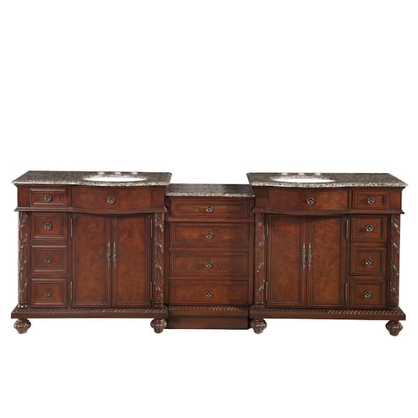 90.25 in. W x 22 in. D Vanity in English Chestnut with Granite Vanity Top in Baltic Brown with White Basin