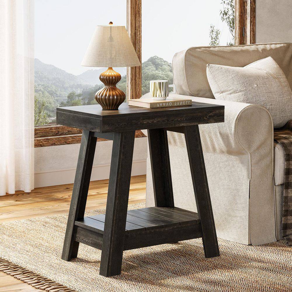 Kerlin 23.6 in. Black Rectangle Wood End Table with 2-Tier Shelf, Small Sofa Side Table with Storage - thumbnail 2