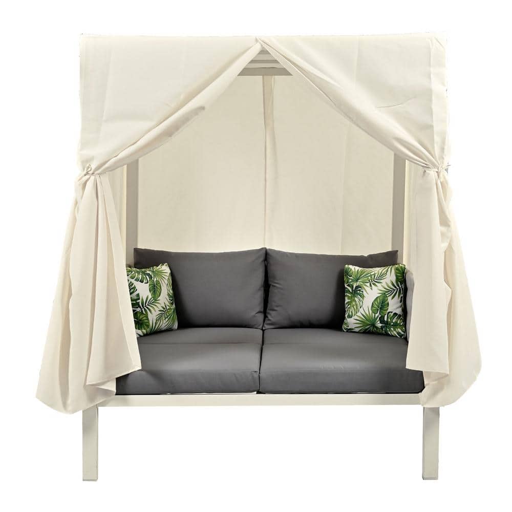 Beige Woven Rope Iron Metal Outdoor Day Bed with Gray Cushions, Curtains, H