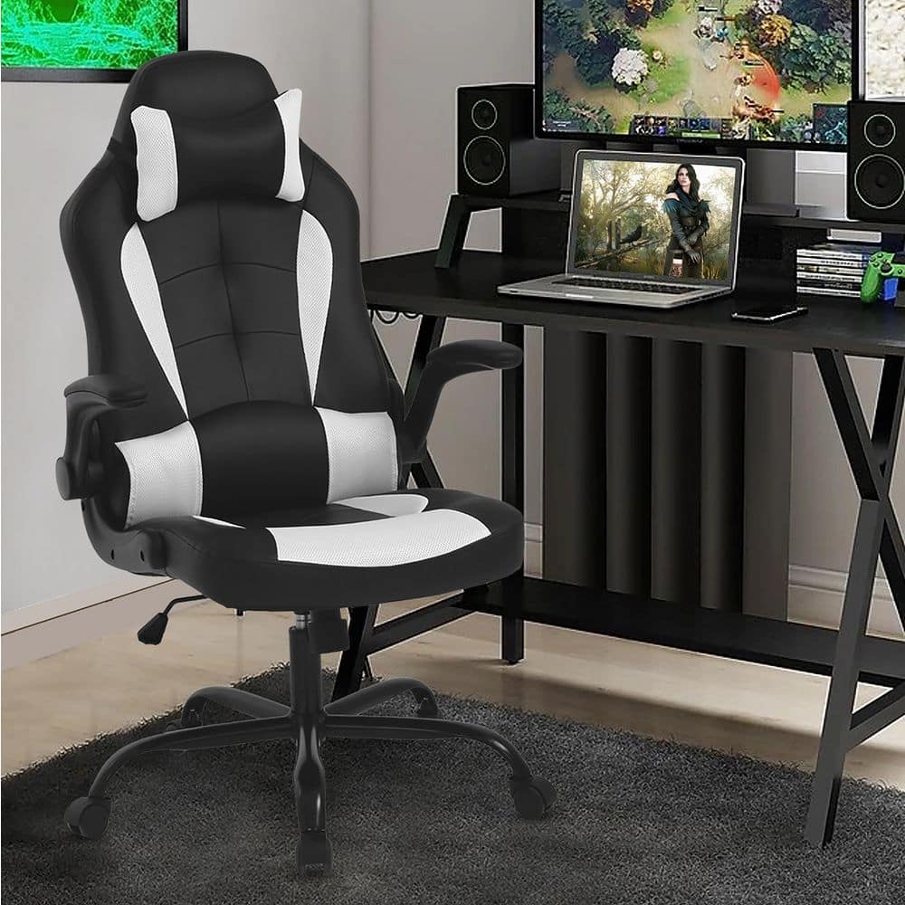 Leo Faux Leather Seat Adjustable Height Reclining Ergonomic Gaming Chair in Black and White With Adjustable Arms