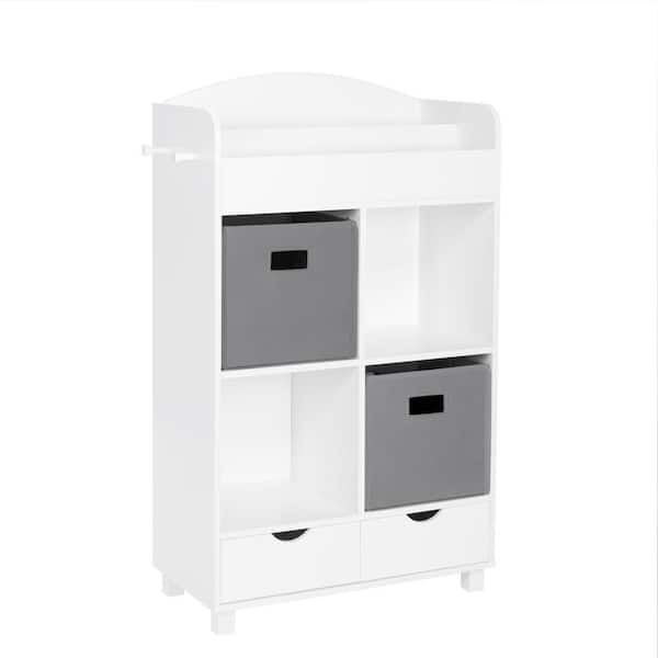 RiverRidge Home 23.5 in. Wide Painted Finish Kids Book Nook Cubby Toy Storage Cabinet with Bookshelf, Drawers and 2-Piece Gray Bins
