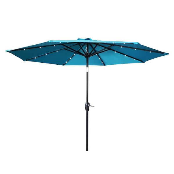 maocao hoom 9 ft. Octagon Aluminum Patio Market Umbrella with LED Lights and Push Button Tilt in Blue