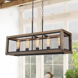 Wood Caged Chandelier, Brown Linear 5-Light Farmhouse Chandelier Black Industrial Island Pendant Light with Candle Style