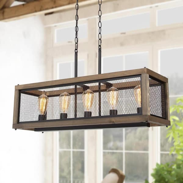 LNC Wood Caged Chandelier, Brown Linear 5-Light Farmhouse Chandelier ...