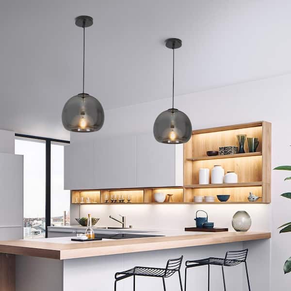 1-Light Black Globe Adjustable Hanging Pendant Light with Smokey Grey Class Shaded for Living Room, No Bulbs Included