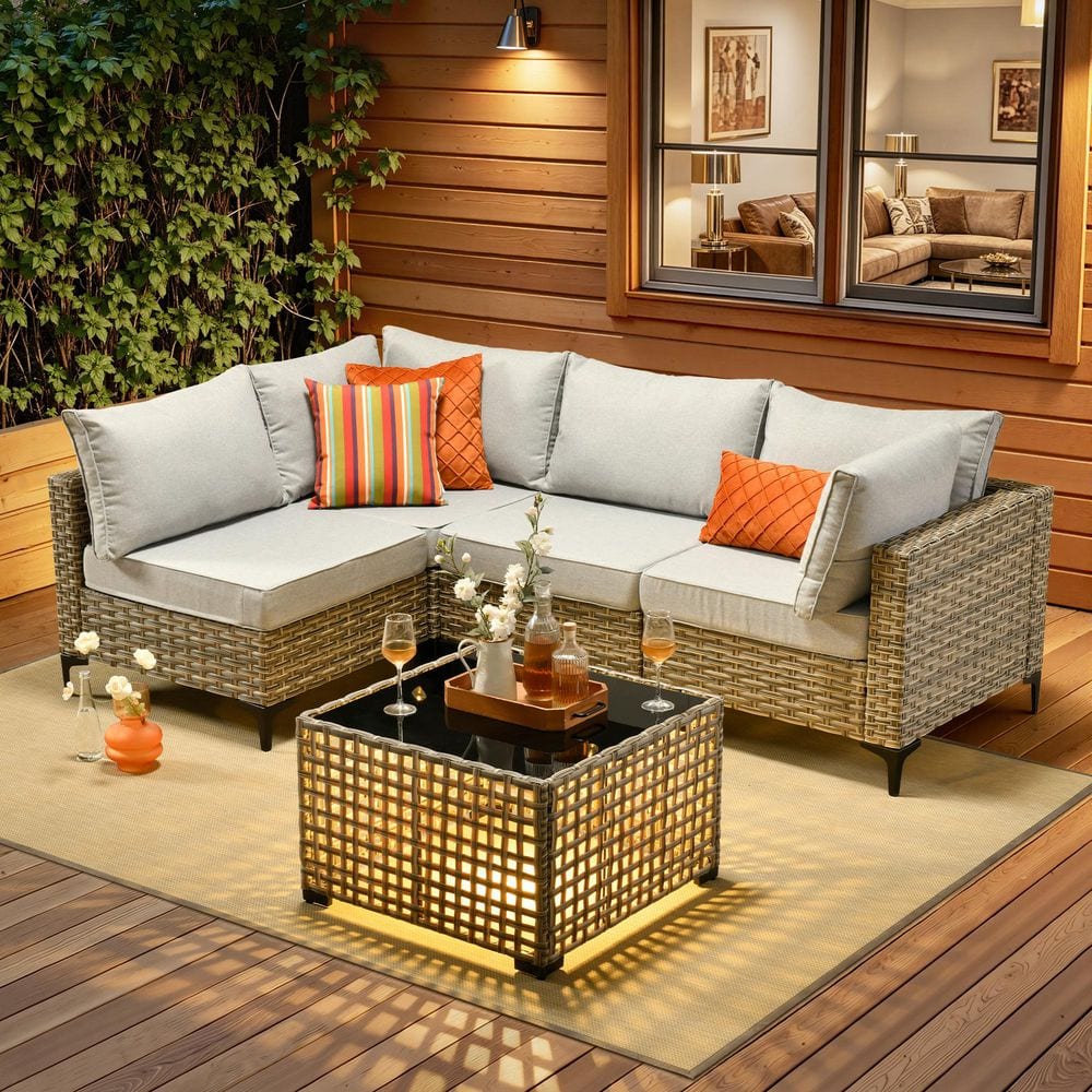 5-Piece Wicker Outdoor Sectional Sofa Set with Solar Light Coffee Table and Gray Cushions for Backyard and Deck price history on PriceWatchPro