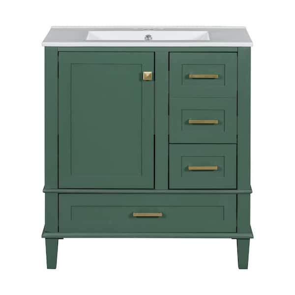 30 in. Single Sink Freestanding Solid Wood Frame Green Bath Vanity with White Ceramic Top and Soft Close Door