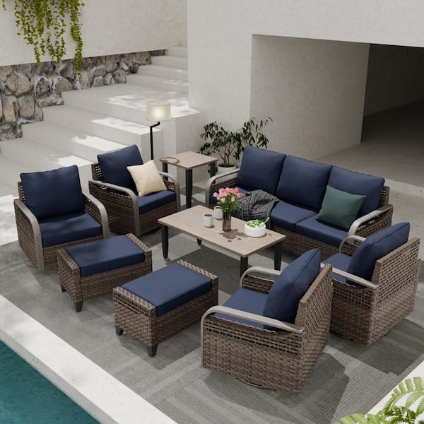 9-Piece Brown Wicker Outdoor Patio Conversation Sofa Set with Swivel Chairs, Blue Cushions, Ottomans and Side Table