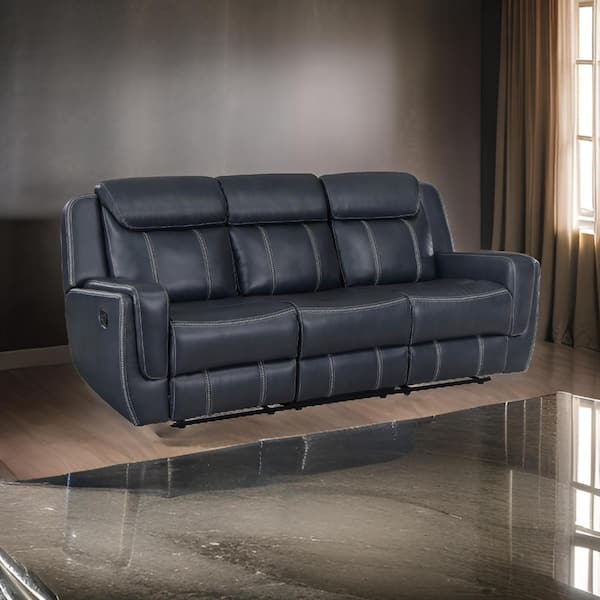 Benjara 86 in. Square Arm Faux Leather Rectangle with Drop Down Table Sofa in Blue