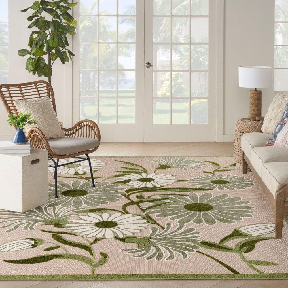Ivory Green Floral Flatweave 9' x 12' Outdoor Rug
