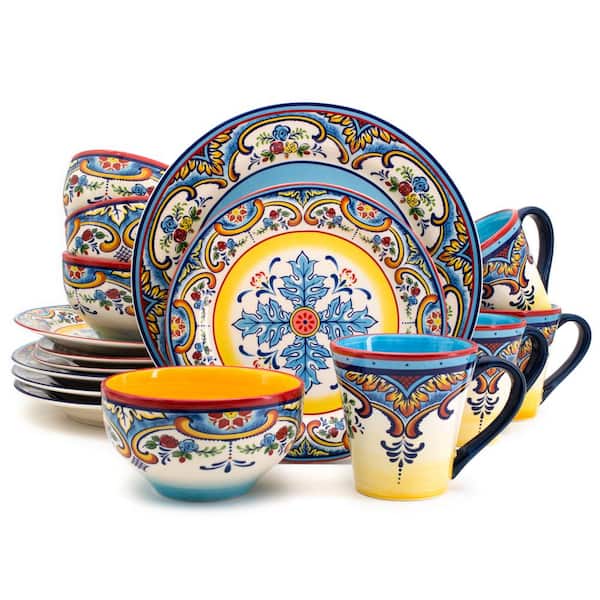 Euro Ceramica Zanzibar 16-Piece Patterned Multicolor/Spanish Floral Design Ceramic Dinnerware Set (Service for 4)