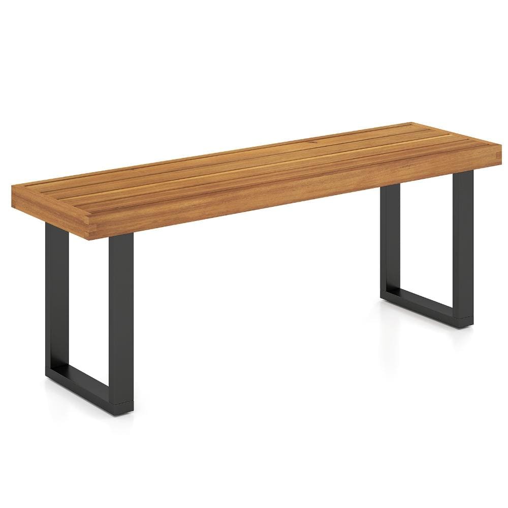 48 in. Acacia Wood and Metal Outdoor Dining Bench with Slatted Seat, Natural and Black