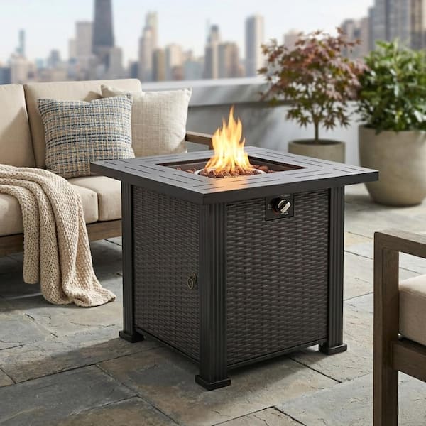 28 in. Black Square Steel Fire Pit Table with Lid FF-FP20-L - The