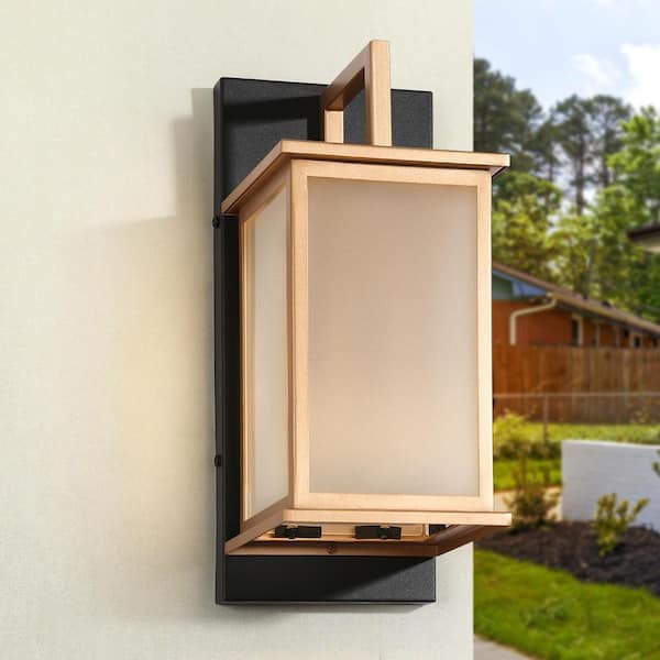 Uolfin Black and Gold Rectangle Outdoor Hardwired Wall Lantern Sconce with Frosted Glass Shade