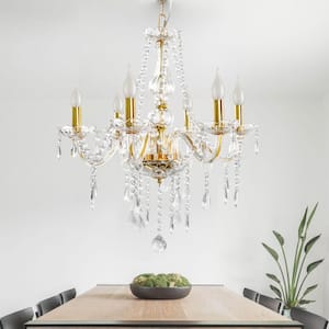 6-Light Gold Candlestick Crystal Chandelier Pendant Light with K9 Crystal Shade