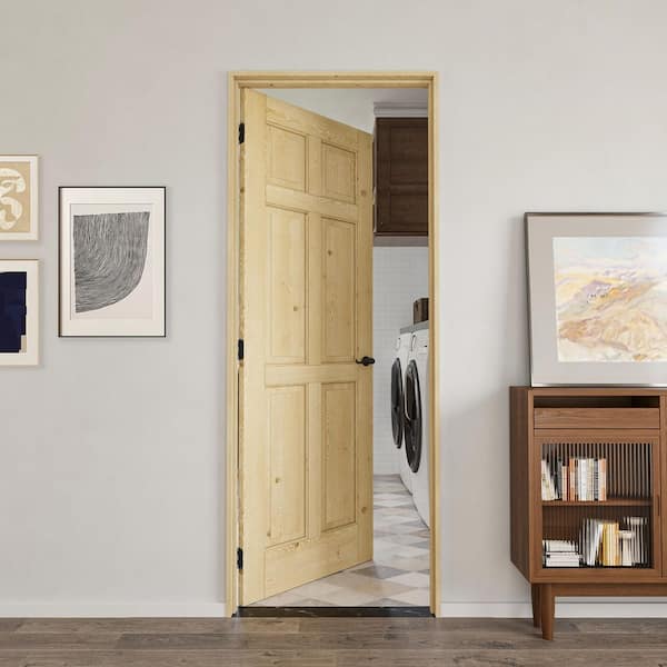 30 in. x 80 in. 6-Panel Left Solid Core Unfinished Pine Wood Single Interior Door with Quick Assemble Jamb