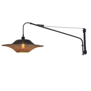 Vienna Plug-in Adjustable Swing Arm Wall Lamp in Matte Black Extendable Arm Rattan Shade