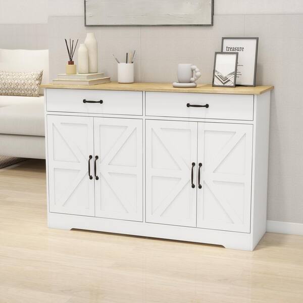 FUNKOL 39.76inx14.96inx70.86in MDF Ready to Assemble Kitchen Cabinet in White with Microwave Countertop, 6 Doors and 1 Drawer