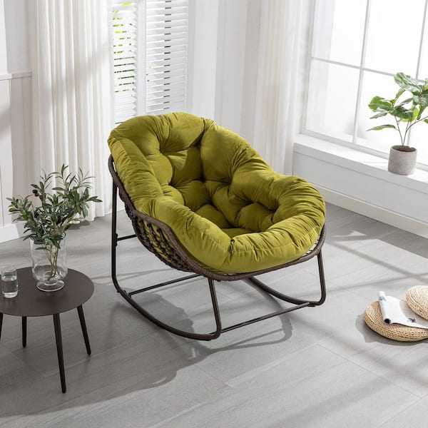 Rattan Metal Outdoor Rocking Chair with Olive Green Padded Cushion Lounge Chair for Front Porch, Patio, Living Room