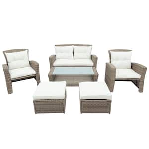 4-Pieces Wicker Patio Conversation Set with Beige Cushions Ottomans and Table for Garden Backyard