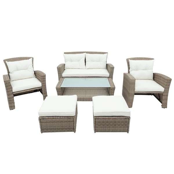 Unbranded 4-Pieces Wicker Patio Conversation Set with Beige Cushions Ottomans and Table for Garden Backyard