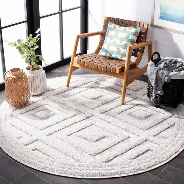 Cottage Ivory/Light Gray 7 ft. x 7 ft. High-Low Diamond Indoor/Outdoor Round Area Rug