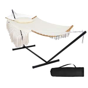 12 ft. Portable Hammock with Stand Included Double Fabric Hammock with Curved Spreader Bar and Decorative Tassels, Beige