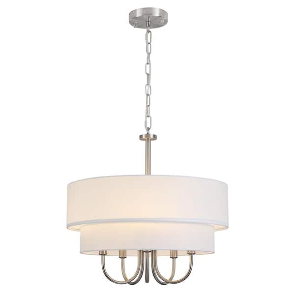 ZJVAIVE 5-Light Drum Nickel Pendant Design Hanging Linear Chandelier Lighting Fixture with Cloth Cover for Kitchen Island
