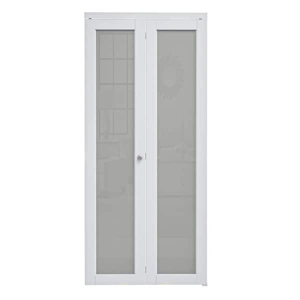 ARK DESIGN 36 in. x 80 in. 1-Lite Glass Frosted Glass and Solid Core White Finished MDF Bi-Fold Door with Hardware