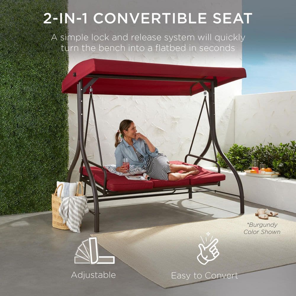 Black Steel 3-Seat Outdoor Canopy Swing Glider with Cushions