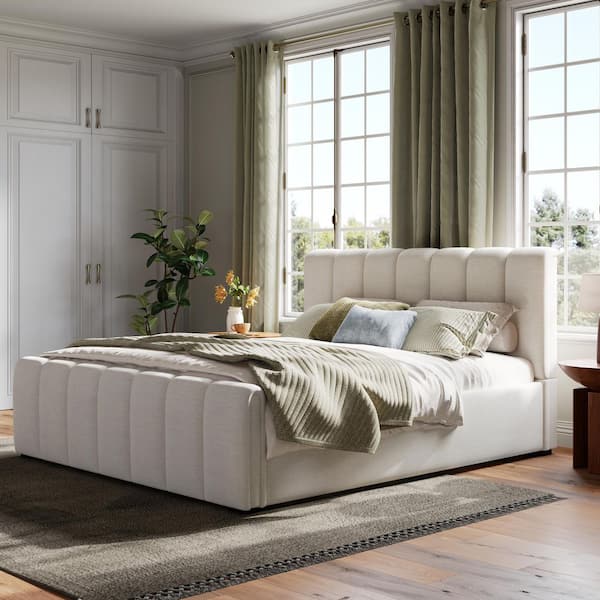 Bastin Beige Linen Fabric Upholstered Wood Frame Queen Size Platform Bed with Pipes Tufted Thick Headboard