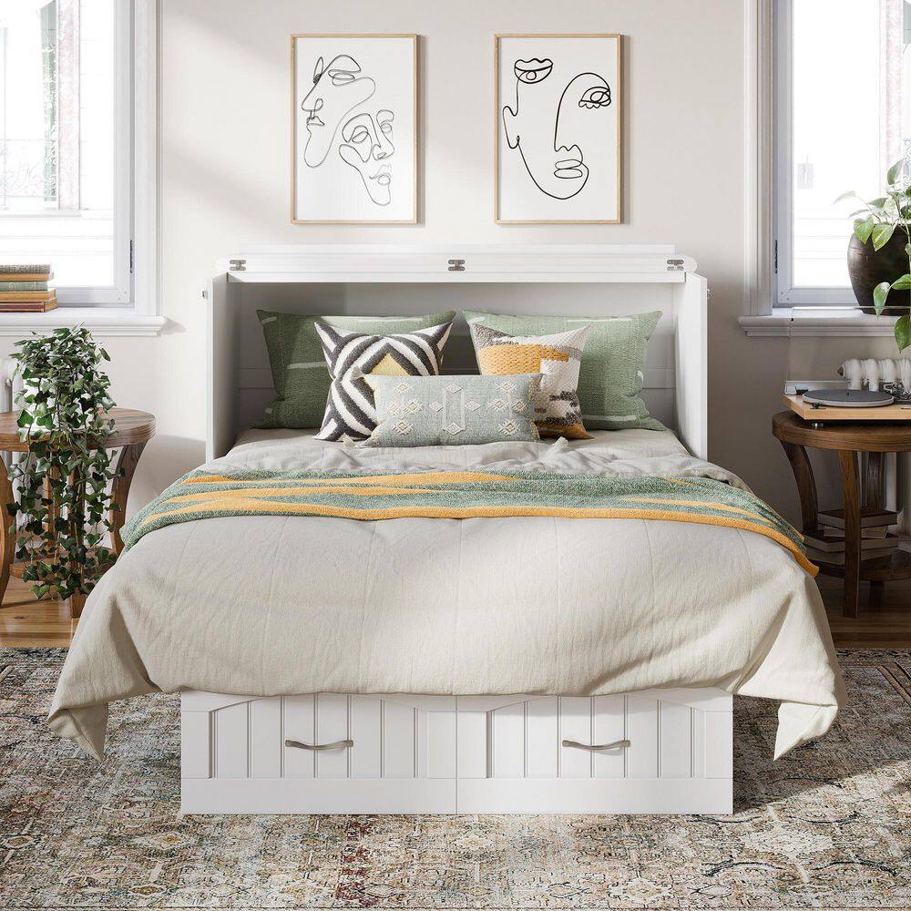 Marina White Full Murphy Bed Chest with Storage and Charger