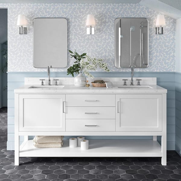 ARIEL Bayhill 72.25 in. W x 22 in. D x 36 in. H Double Sink Freestanding Bath Vanity in White with Man-Made Stone Top