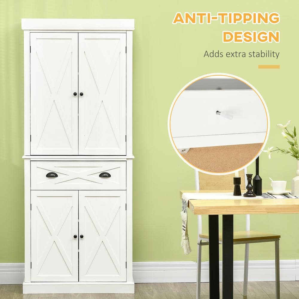 White Freestanding 4-Door Kitchen Pantry Cabinet with Drawer