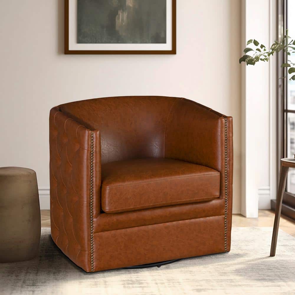 Brown Faux Leather Barrel Swivel Accent Chair with Wood Frame