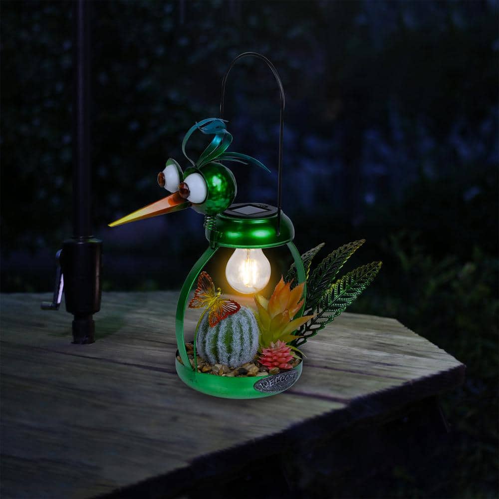 Whimsical Green Metal Heron with Solar LED Light
