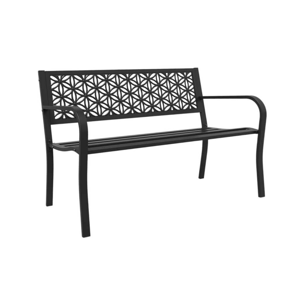 50 in. Metal Outdoor Bench with Floral Back, 550 lbs. Capacity, Black