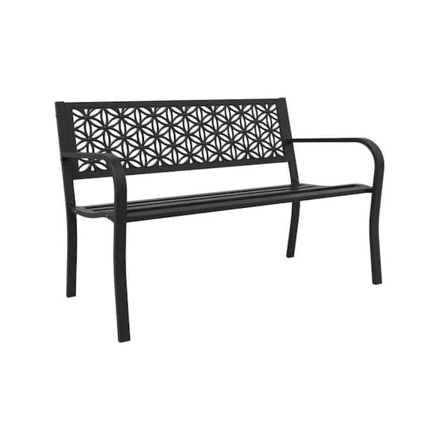 Unbranded 50 in. Metal Outdoor Bench with Floral Back, 550 lbs. Capacity, Black