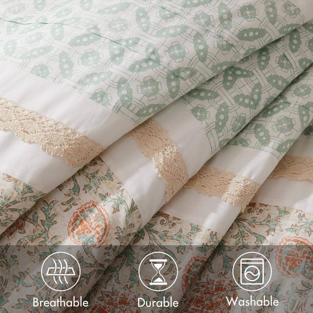Coral and White Cotton Queen Comforter Set with Floral Print