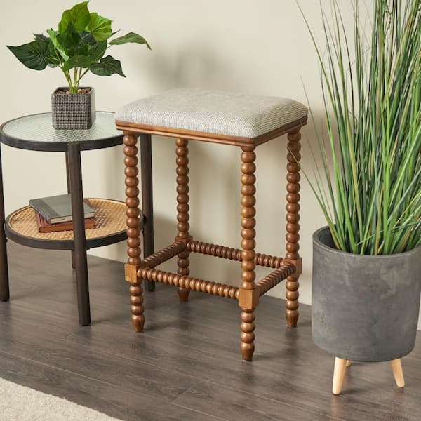 Litton Lane 30 in. Brown Counter Stool with Traditional Wood Perle Legs and Beige Cushion