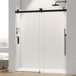 72 in. W x 76 in. H Sliding Frameless Shower Door Soft Close in Matte Black with Clear Glass