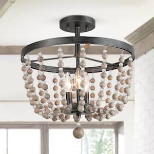 Boho 16 in. 3-Light Antique Black Rustic Empire Semi Flush Mount Kitchen Ceiling Light with Wood and Crystal Beads