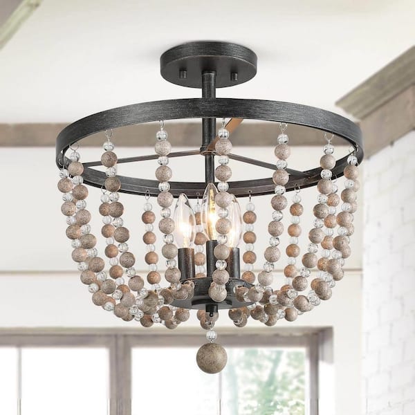 LNC Boho 16 in. 3-Light Antique Black Rustic Empire Semi Flush Mount Kitchen Ceiling Light with Wood and Crystal Beads